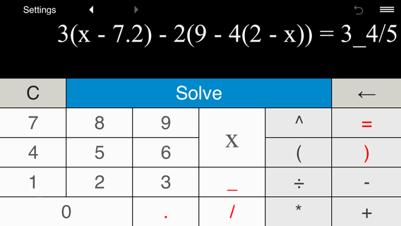 Solving linear equation 3(x - 7.2) - 2(9 - 4(2 - x)) = 3 4/5