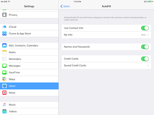 Autofill options in Safari