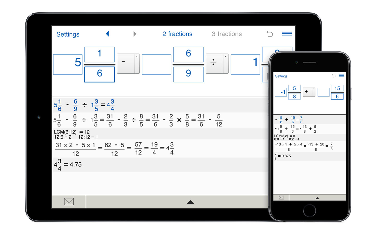 Fraction calculator with steps for iPhone, iPad, iPod touch or Android device